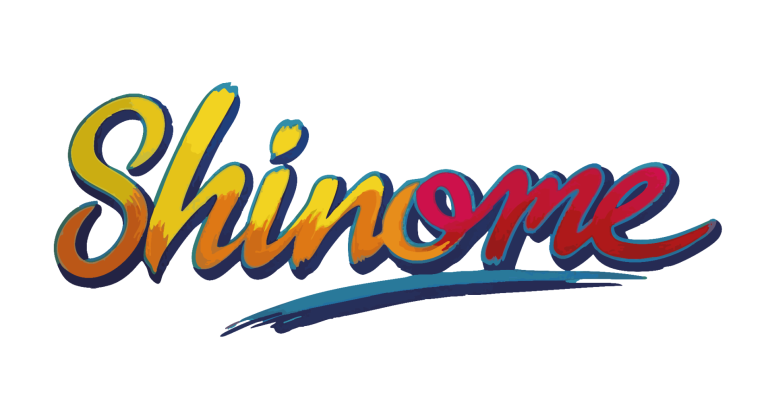 Bunte Schrift mit dem Wort "Shinome" in geschwungener Schriftart.