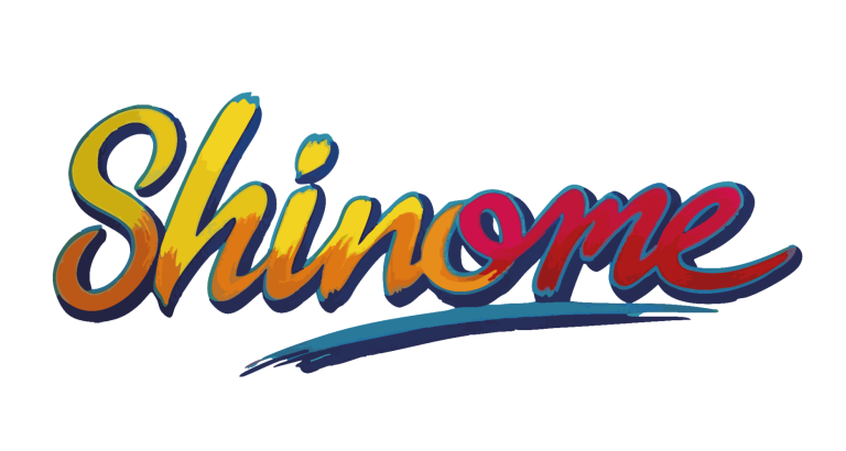 Bunte Schriftzüge des Wortes "Shinome" in geschwungener Schriftart.