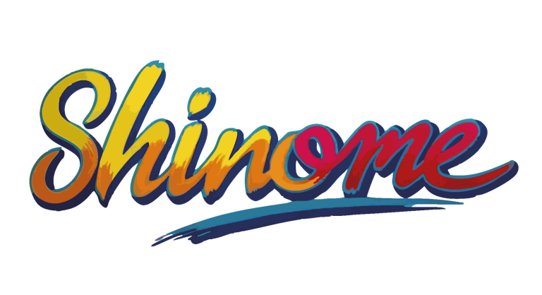 Bunte, geschwungene Schrift mit dem Wort "Shinome" in einem grafischen Stil.